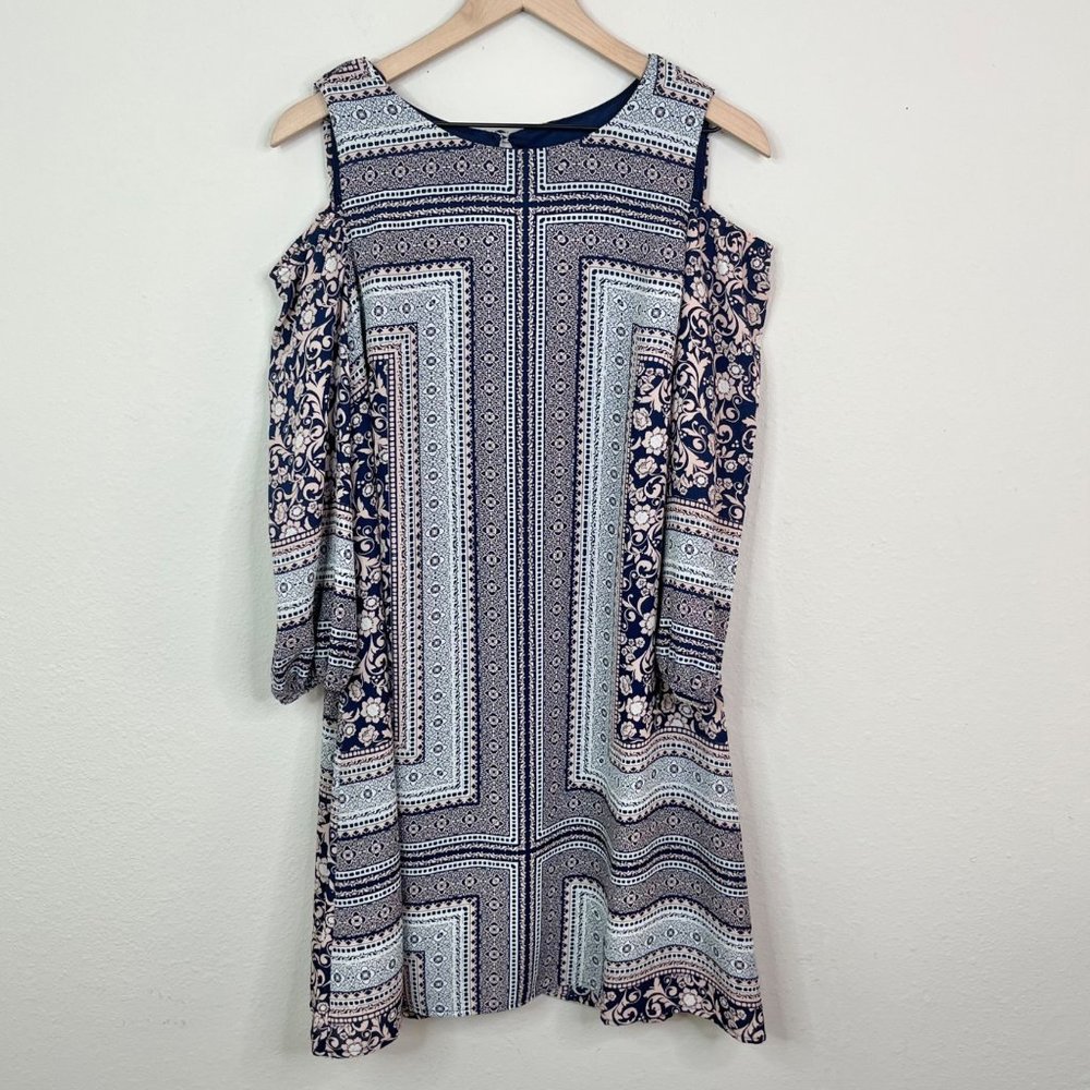 AUW Women's Cold Shoulder Boho Navy Shift Dress Sz 6 Tunic Straight Fit Career